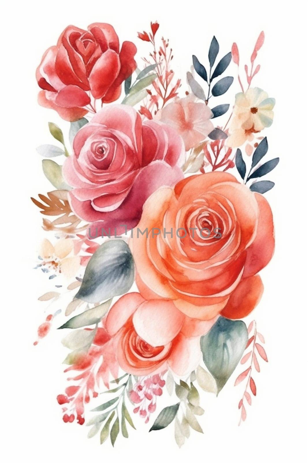 Red rose pastel watercolor painting on the white background, created with generative AI