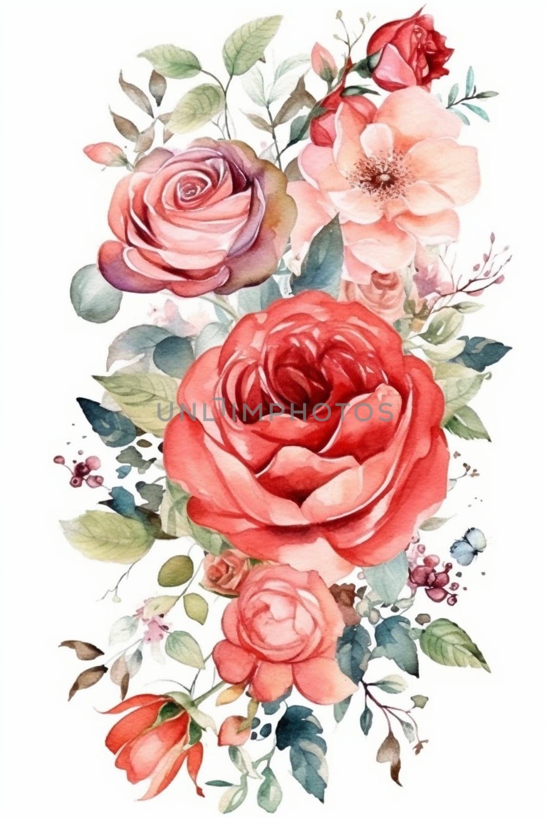 Red rose pastel watercolor painting on the white background, created with generative AI