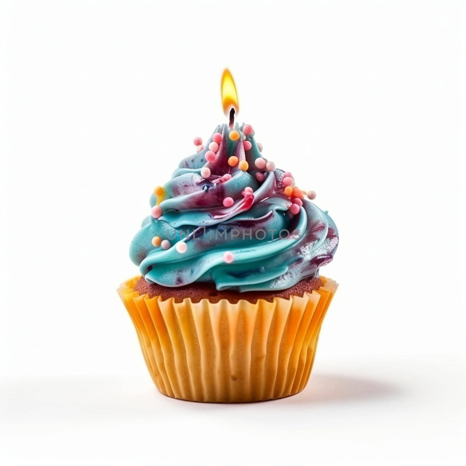 Sweet colorful birthday cupcake with candle on the white background, created with generative AI