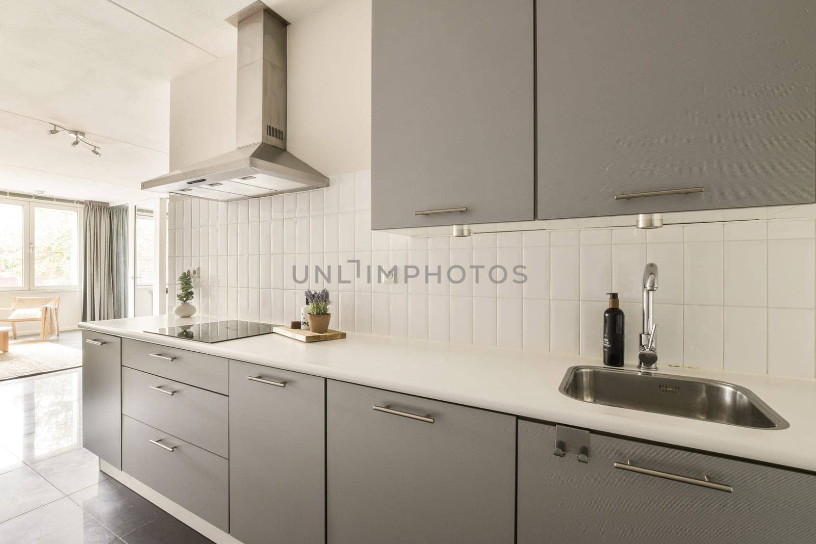 A sleek and stylish kitchen featuring gray cabinets, modern fixtures, and a clean countertop. Natural light enhances the inviting atmosphere for cooking and dining.