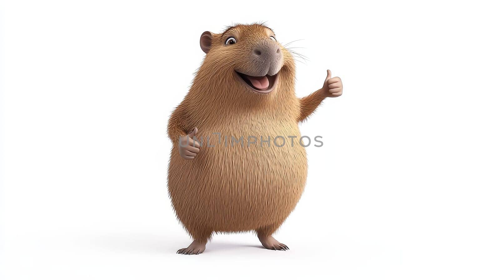 The friendly capybara grins widely while raising its thumb, spreading positivity and charm in its playful stance.