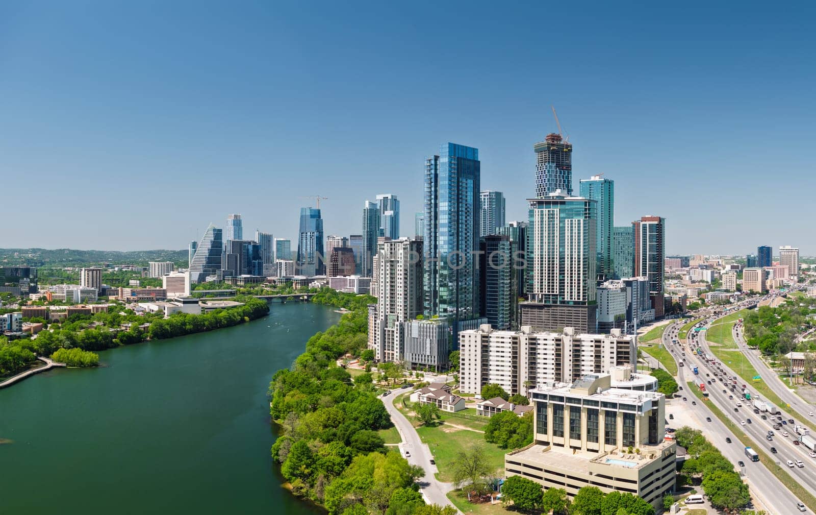 Aerial panoramic skyline of Austin Texas from the east with I35 in foreground