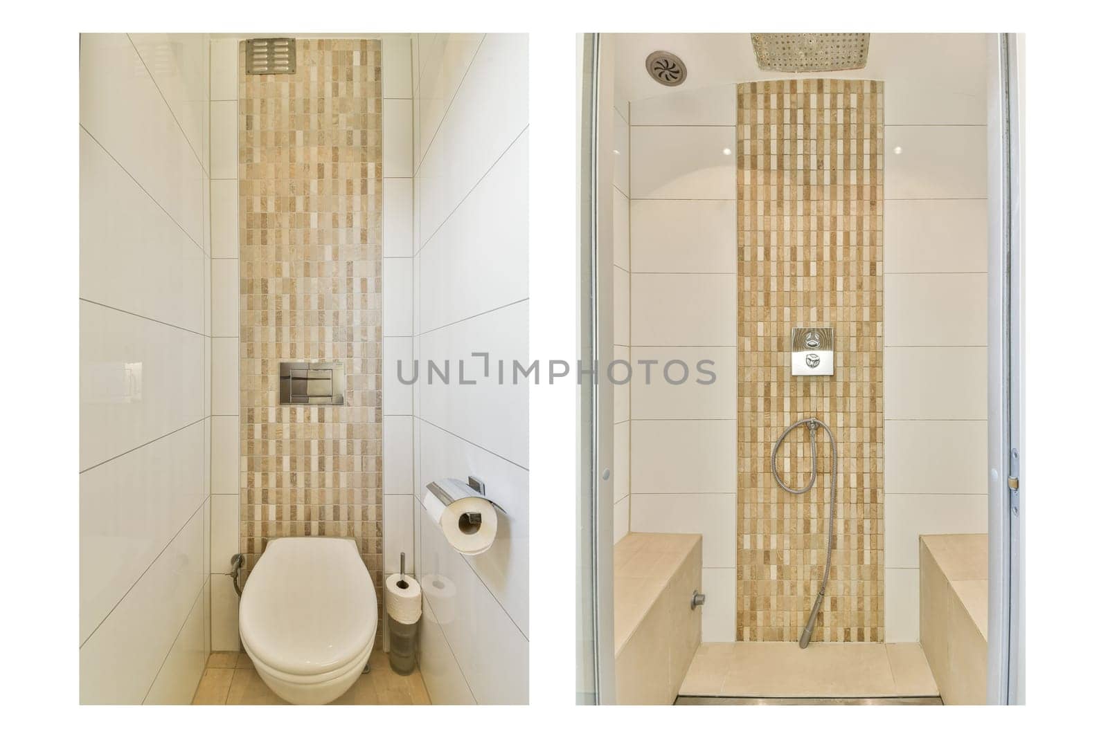 Sleek modern bathroom showcasing a stylish shower area and toilet, highlighted by elegant tiled walls and contemporary fixtures that emphasize clean lines and simplicity.