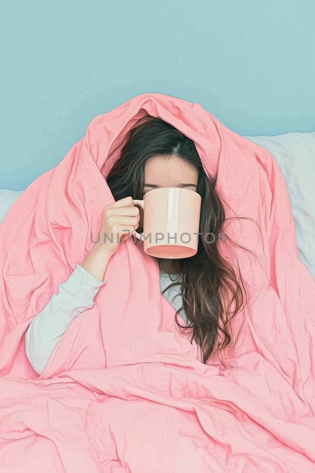 A girl relaxes in bed, playfully hiding her face behind a large mug while wrapped in a soft, pink blanket, creating a warm atmosphere.