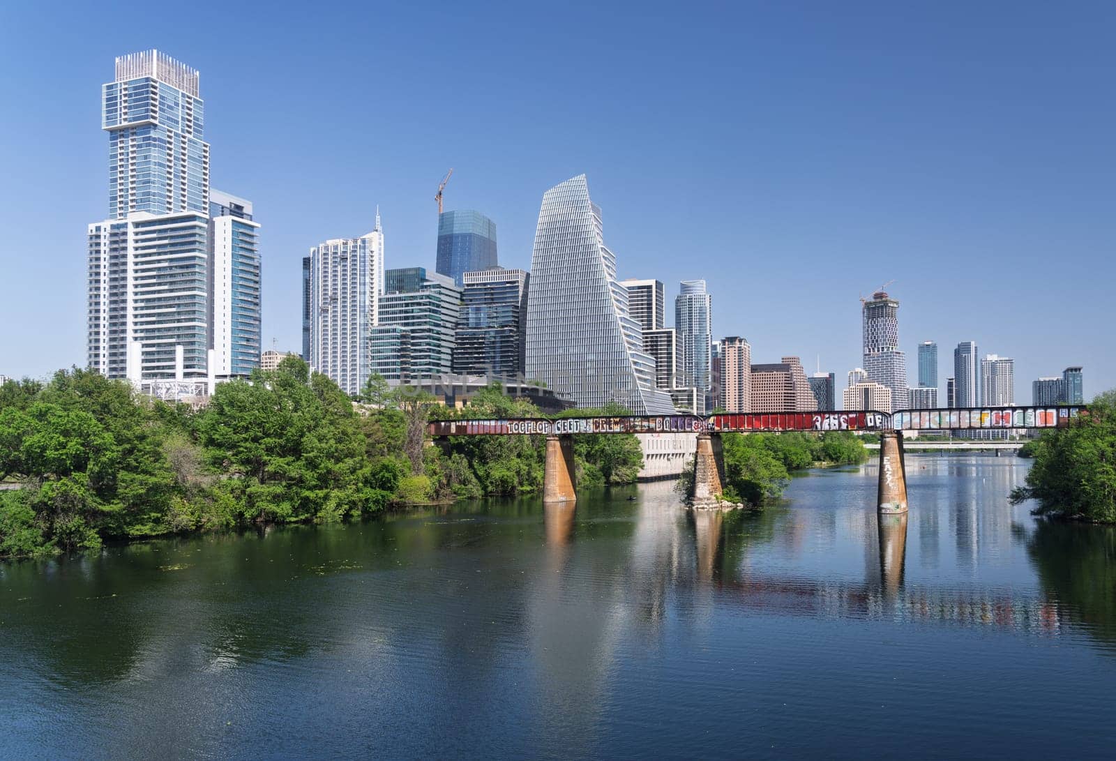 Austin, TX - 10 April 2025: Panoramic skyline of Austin Texas along Colorado River from west