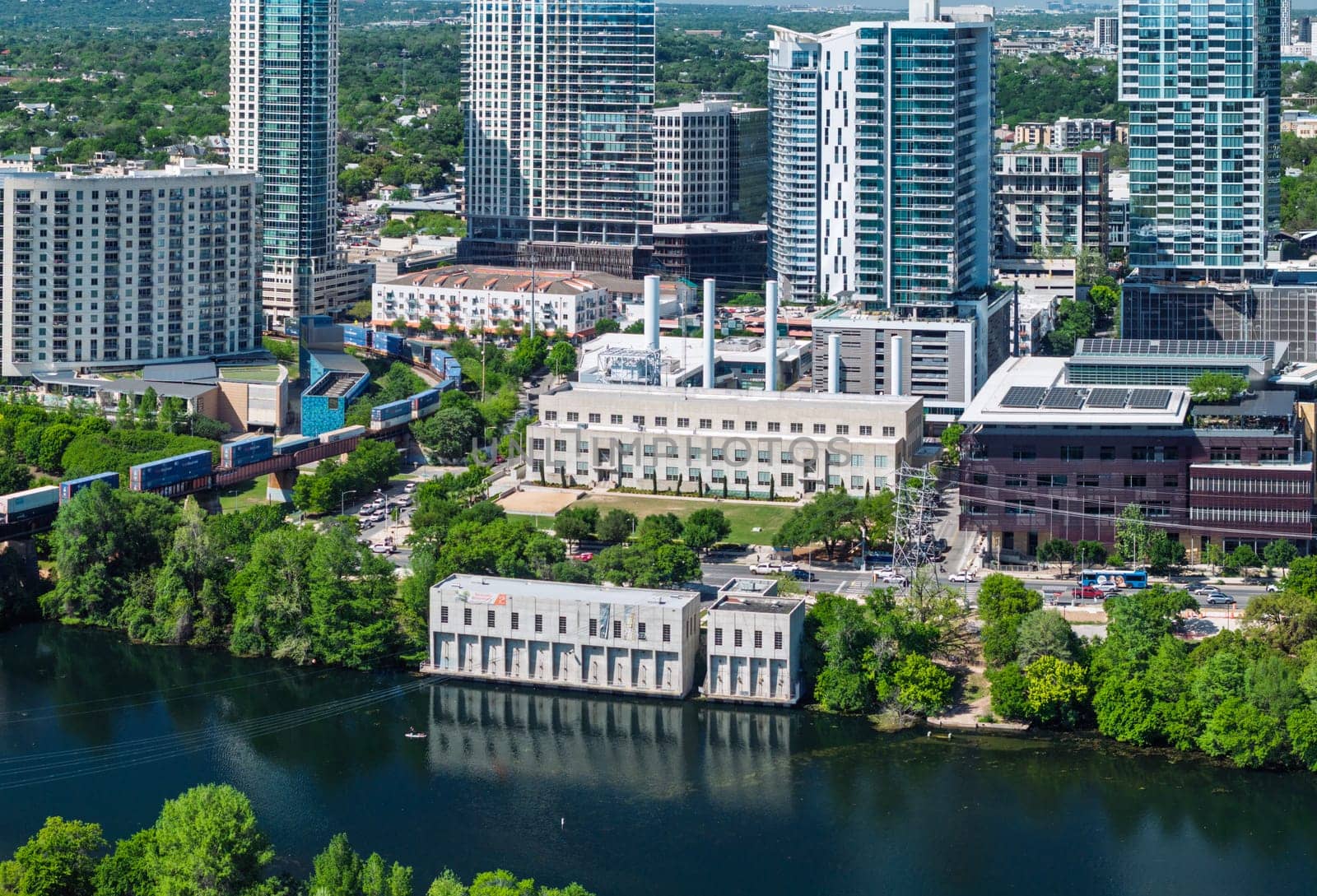Austin, TX - 10 April 2025: Aerial view of Seaholm waterfront development in Austin Power plant building