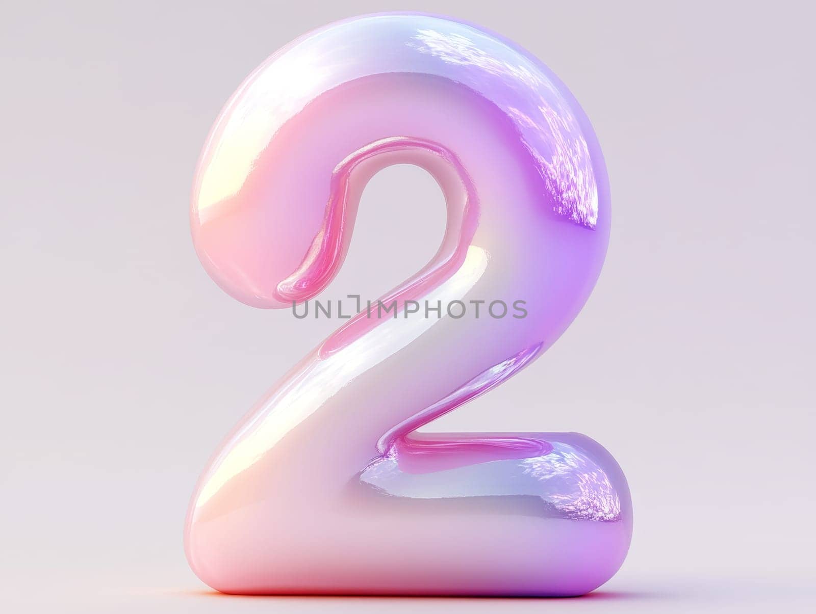 A vibrant and luminous number two captivates attention with its smooth curves and iridescent colors, creating a dreamy effect.