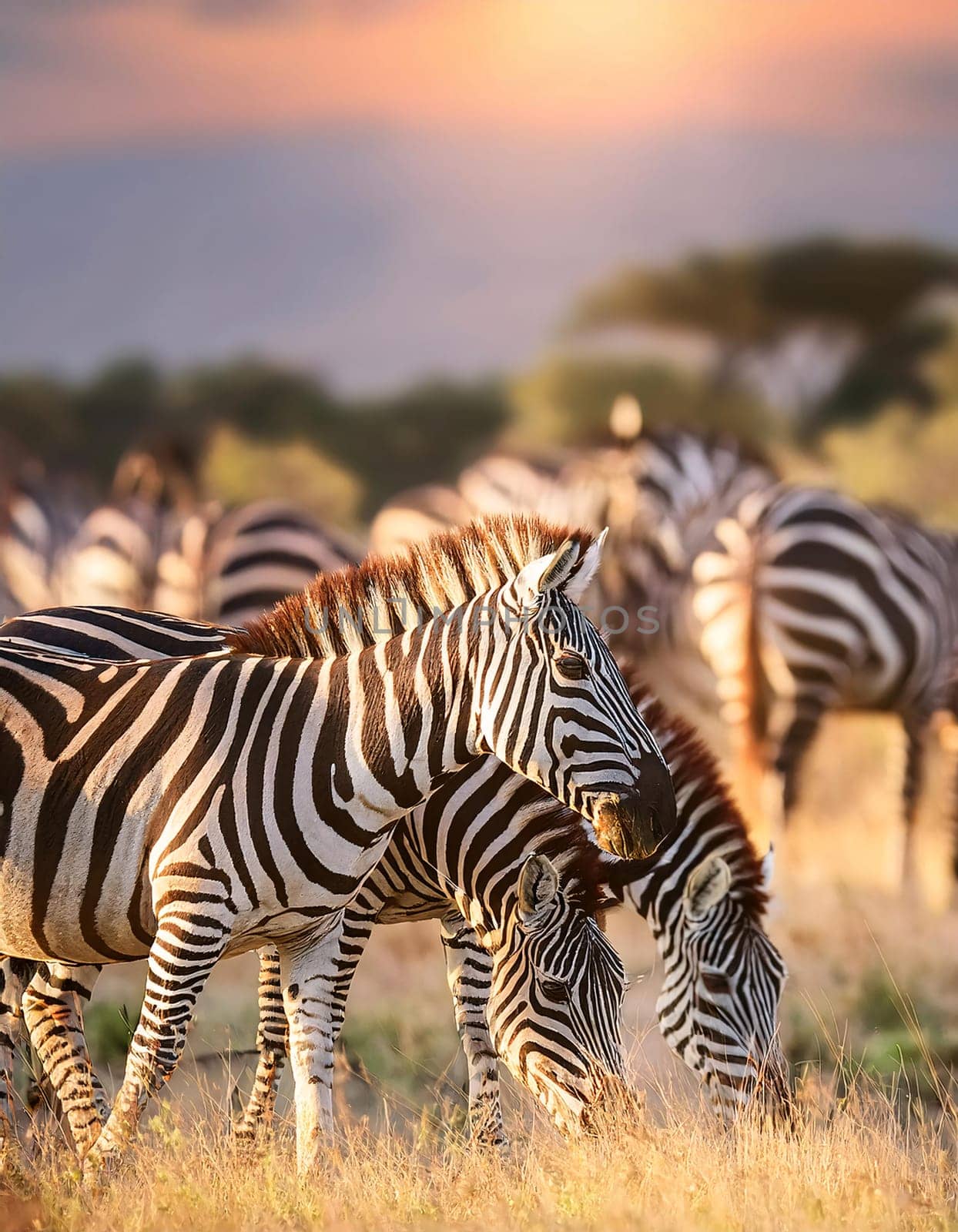 Zebras grazing in a sunlit savanna with acacia trees in the background, showcasing the beauty of wildlife in their natural habitat. Generative AI