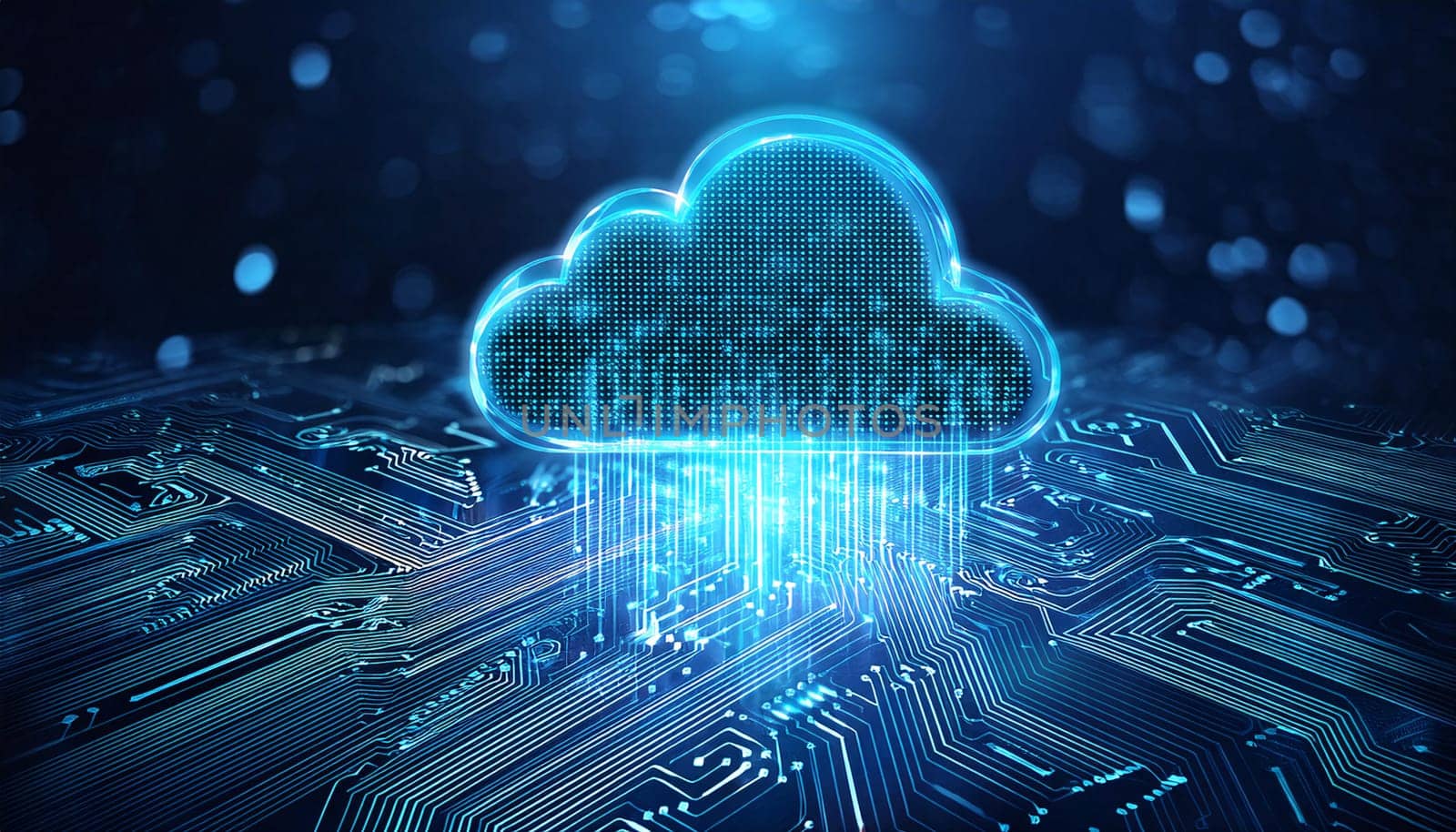 A glowing blue cloud with data streams flowing from it, set against a backdrop of circuit boards and code. Generative AI