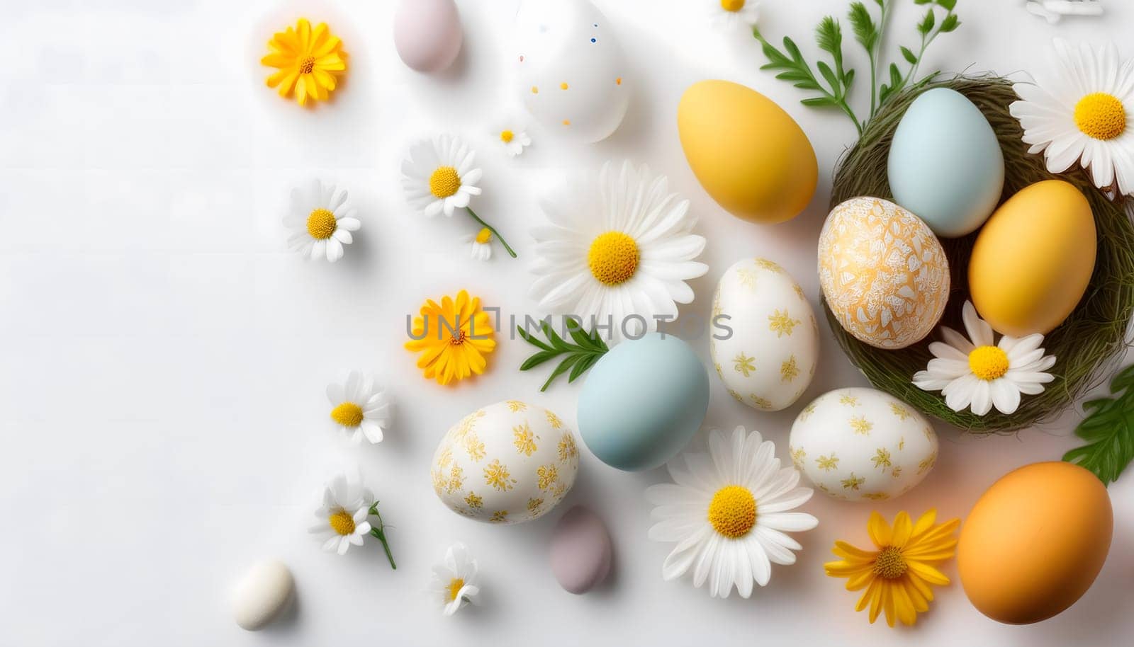 Colorful Easter eggs and daisies arranged on a white background, creating a festive and vibrant springtime scene Generative AI