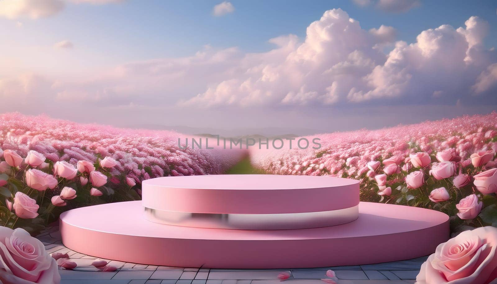 A pink platform surrounded by roses and a field of pink flowers under a blue sky with fluffy clouds. Generative AI.