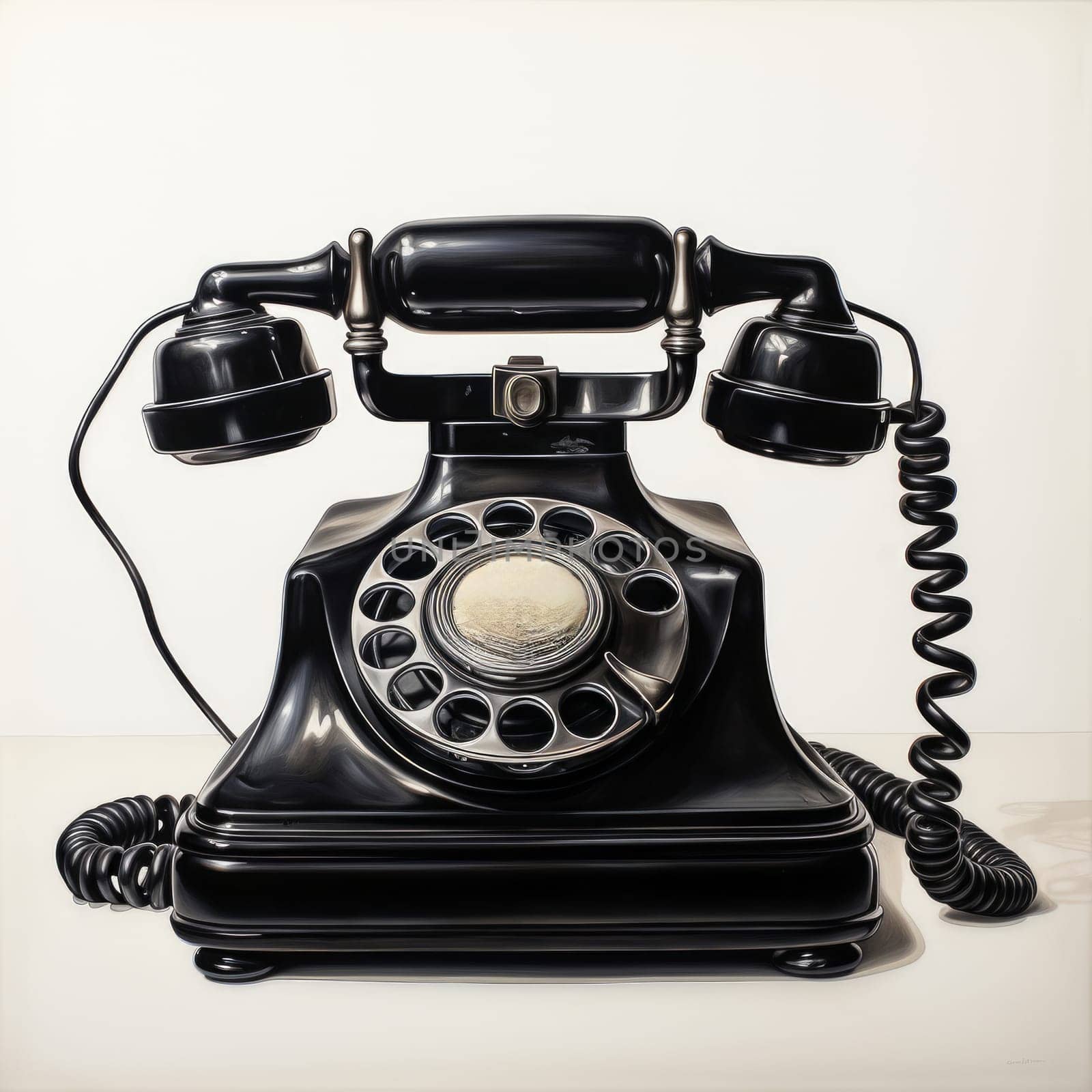 Black vintage telephone with a cord on the white background created with generative AI technology
