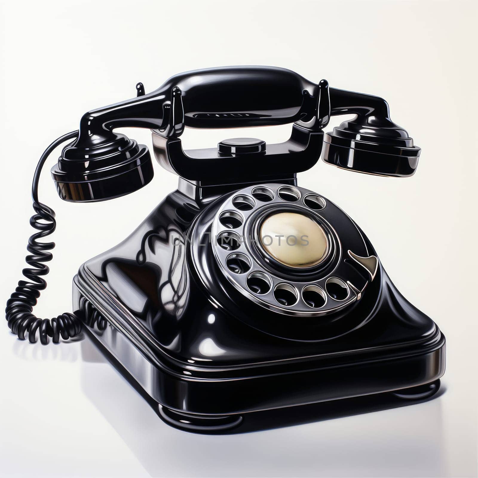 Black vintage telephone with a cord on the white background created with generative AI technology