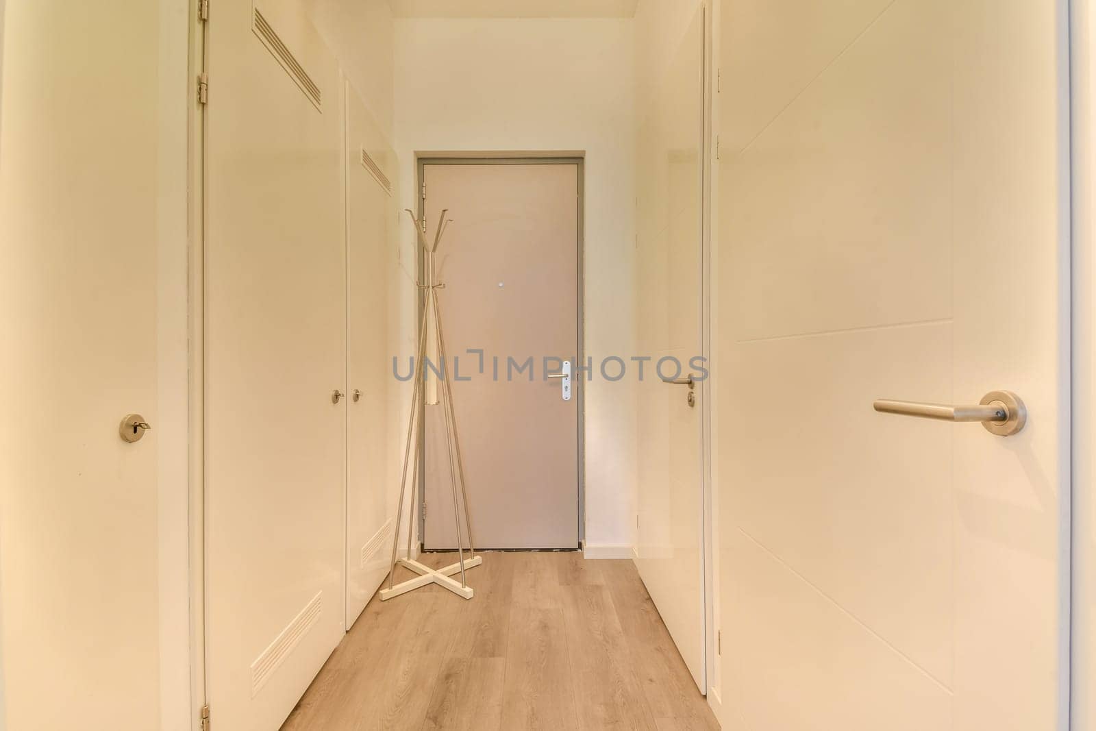 A contemporary entrance hall featuring minimalist design with light walls and wooden flooring, complemented by a stylish coat rack and a sleek door.