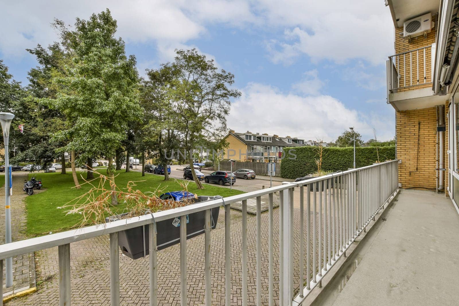 A serene view from a balcony that captures lush green trees, parked cars, and a peaceful neighborhood atmosphere under a clear sky.