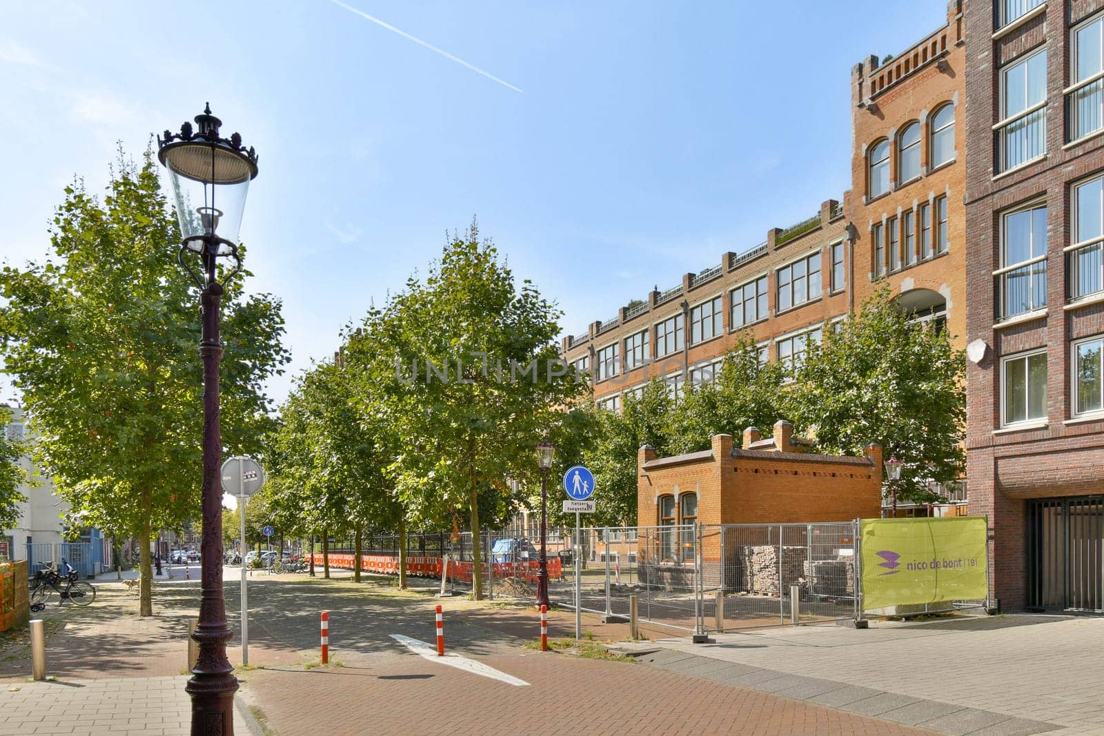 A vibrant street scene featuring lined trees, modern architecture, and a clear blue sky, showcasing urban living and greenery in harmony.