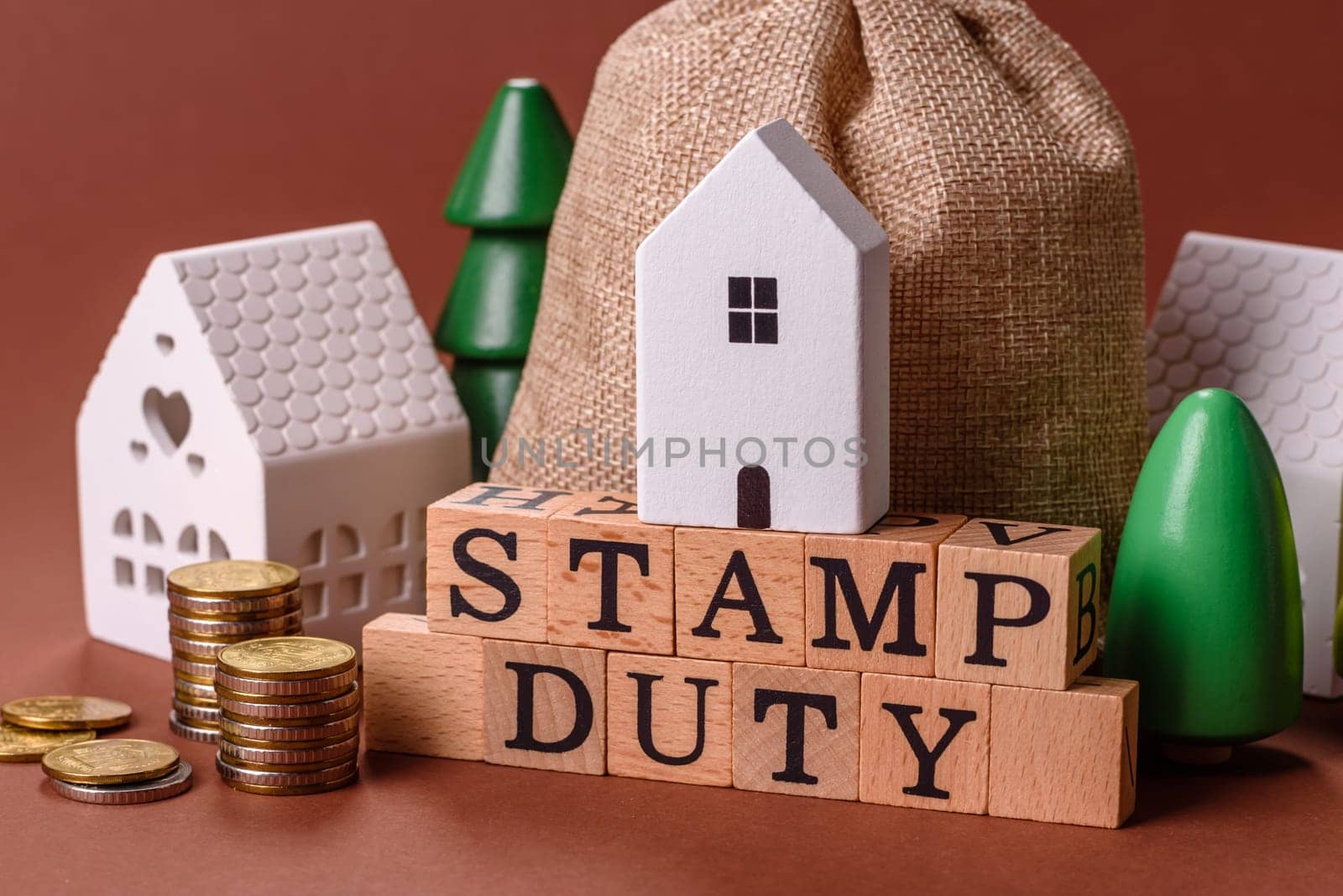 Stamp duty tax, property investment concept, business processes related to real estate. Stamp duty inscription as a background for business design