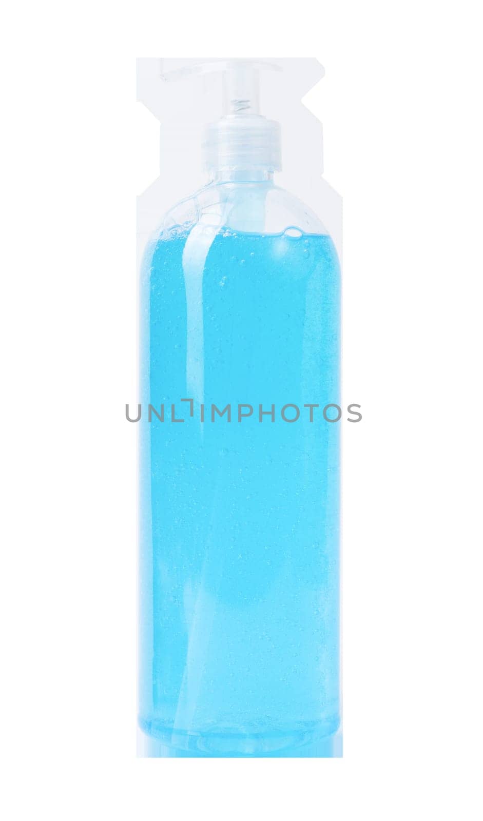 Light blue antibacterial soap dispensing from transparent plastic container, highlighting sanitary hand washing and germ prevention against pristine white surface, png
