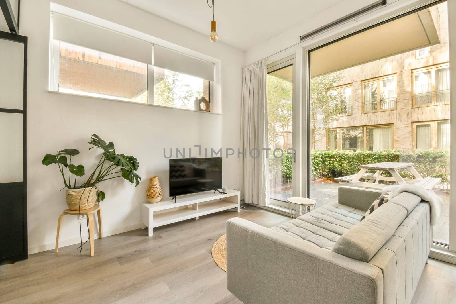 A stylish modern living room featuring a large window, comfortable sofa, television, and a potted plant, inviting an airy ambiance.