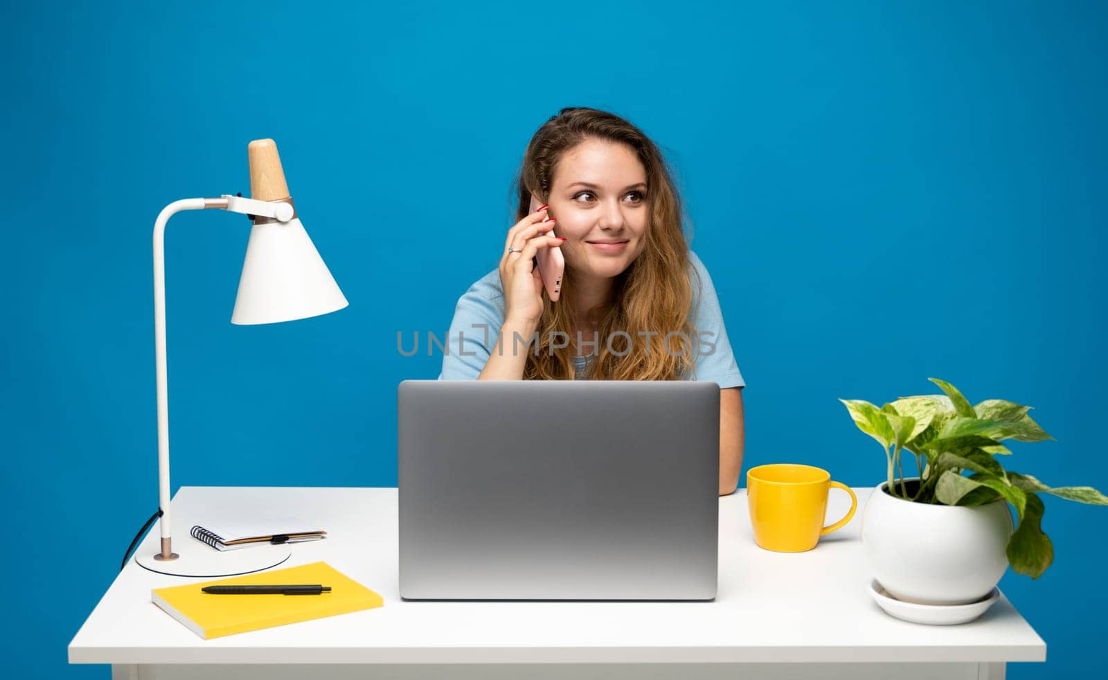 Young woman speaking mobile phone and looking in laptop