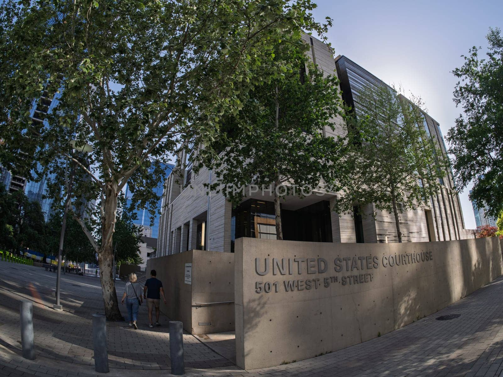 Fisheye lens view of Austin US Courthouse on West 5th Street of the state capital of Texas