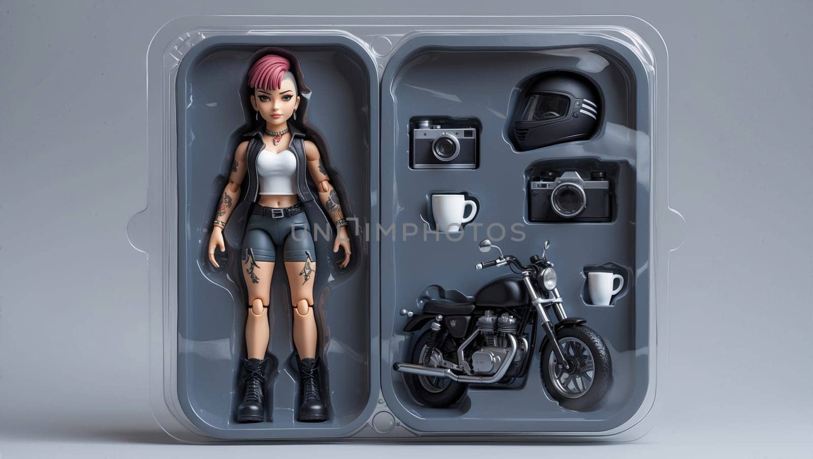 A young woman stands next to her motorcycle, holding a camera. She is wearing a black leather jacket and shorts, and has a pink streak in her hair. The motorcycle is black and has a vintage look.