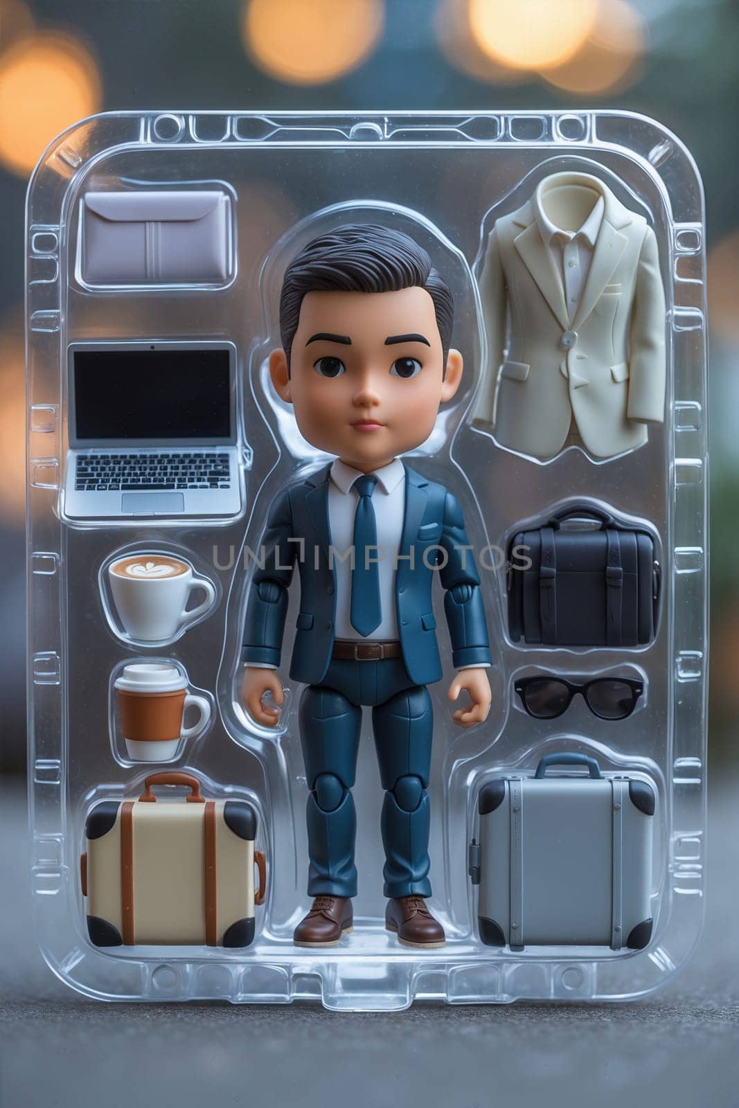 This businessman action figure comes with accessories like a laptop, briefcase, and sunglasses. Dressed in a blue suit, it stands in a clear case with organized accessories.