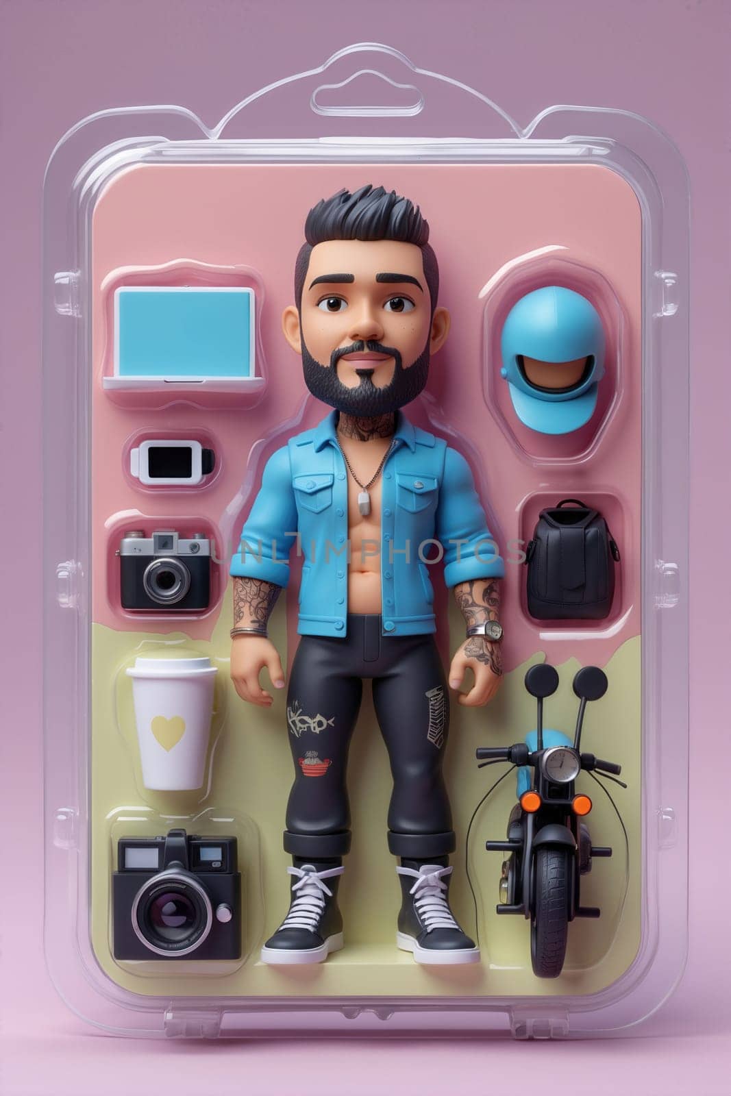 This illustration showcases a trendy young male character with a beard and tattoos, wearing casual attire, including a denim shirt and black pants, along with a camera and motorcycle helmet.