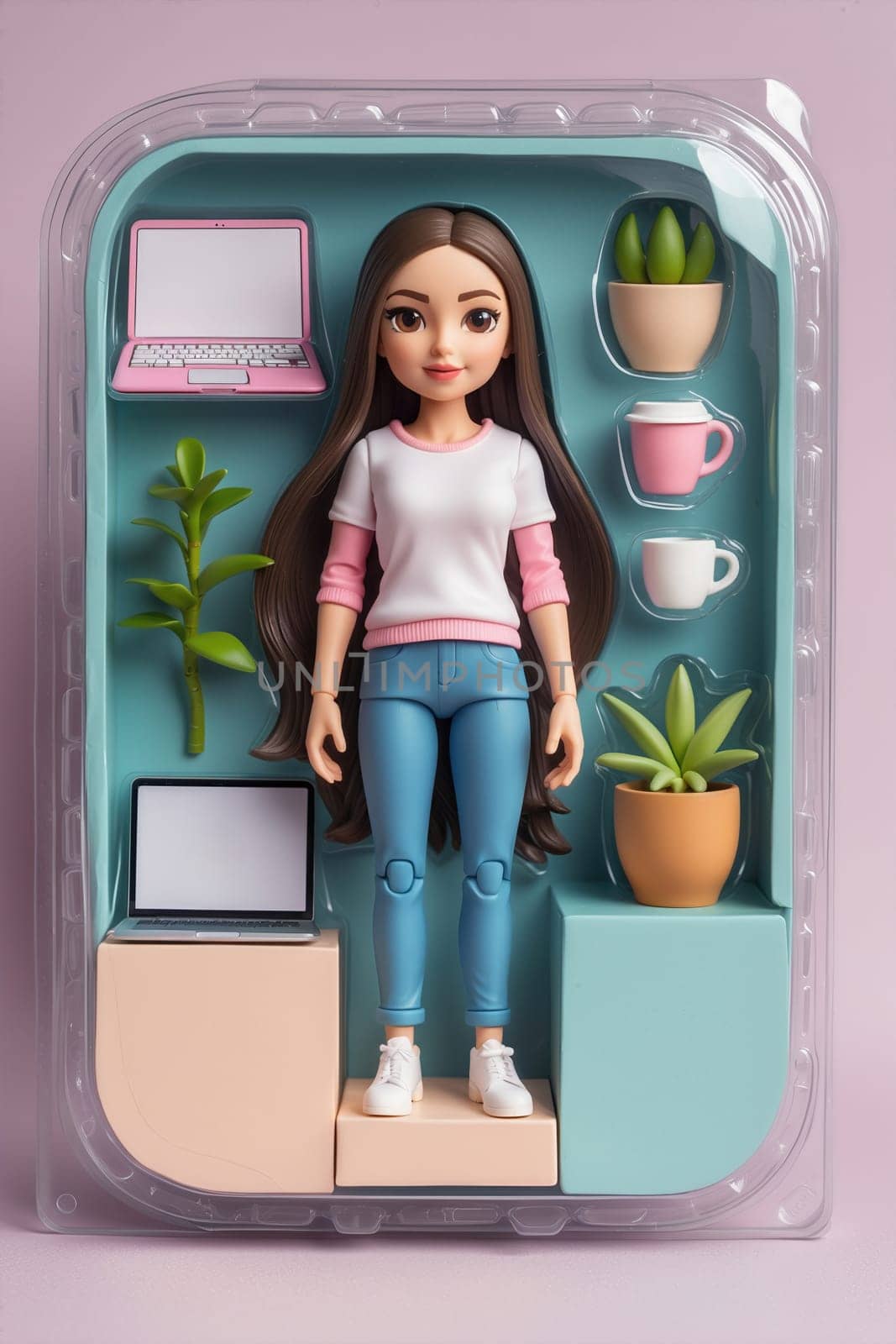 A stylish young woman s fashion doll with long brown hair stands on a pink platform in a clear case, featuring accessories like a laptop, coffee cups, and potted plants.