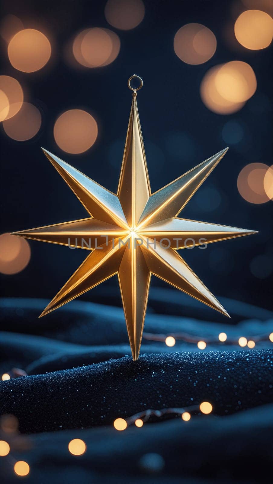 This enchanting stock image features a glowing silver star against a black velvet backdrop, beautifully enhanced by golden bokeh effects, making it perfect for festive and holiday-themed designs.