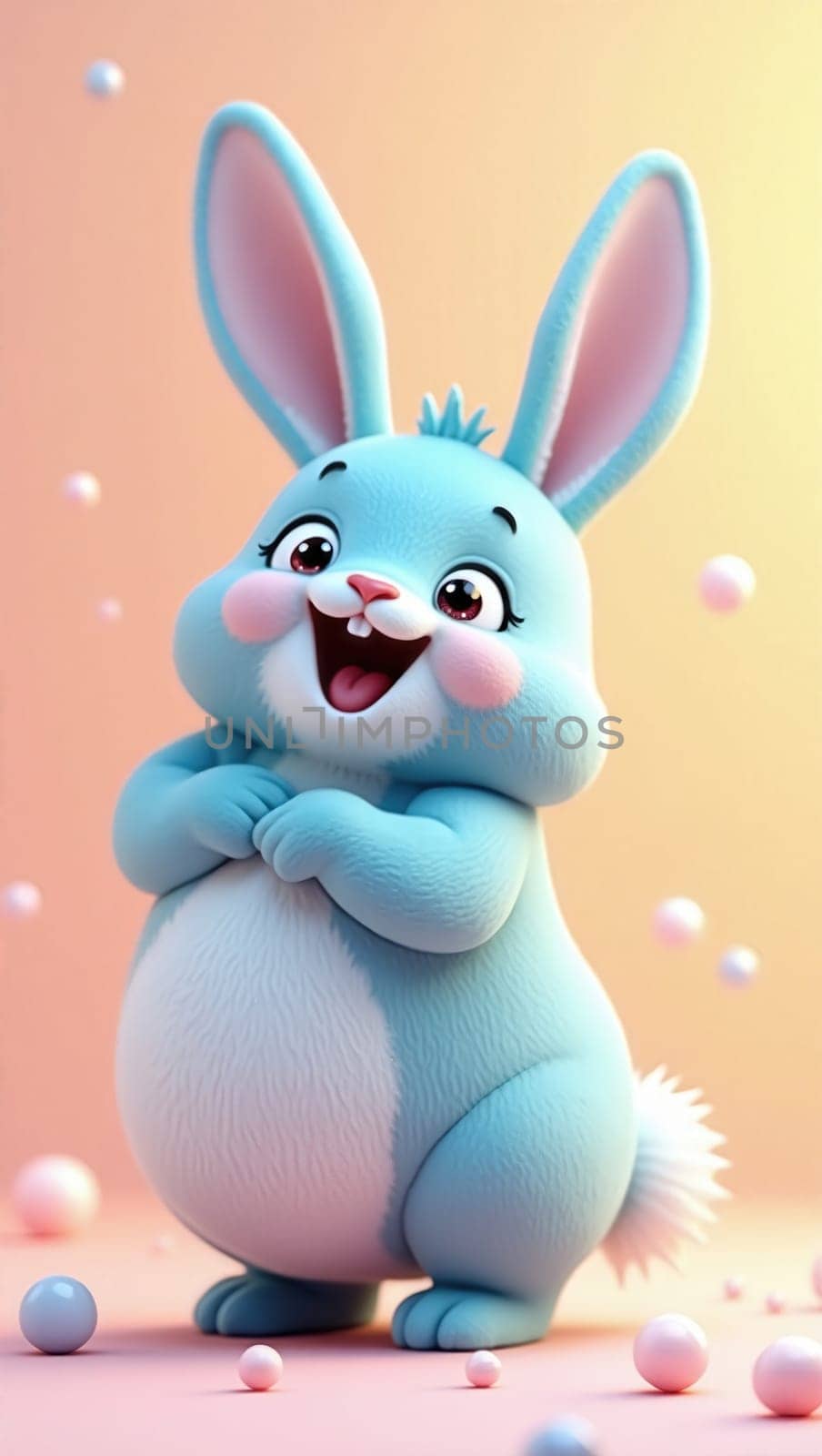A cute blue rabbit stands on a pink background, featuring a cheerful expression. This cartoon character has a fluffy look and is engaging with the viewer, radiating joy and playfulness.