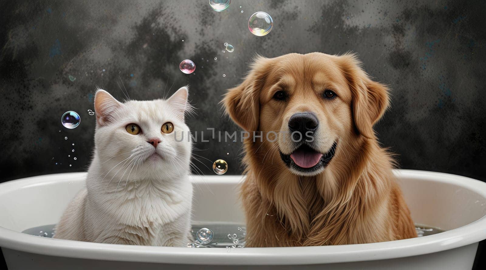 The dog has a joyful expression, its tail wagging energetically. The cat appears curious, with wide eyes and perked ears, as they both explore a vibrant, light blue background.