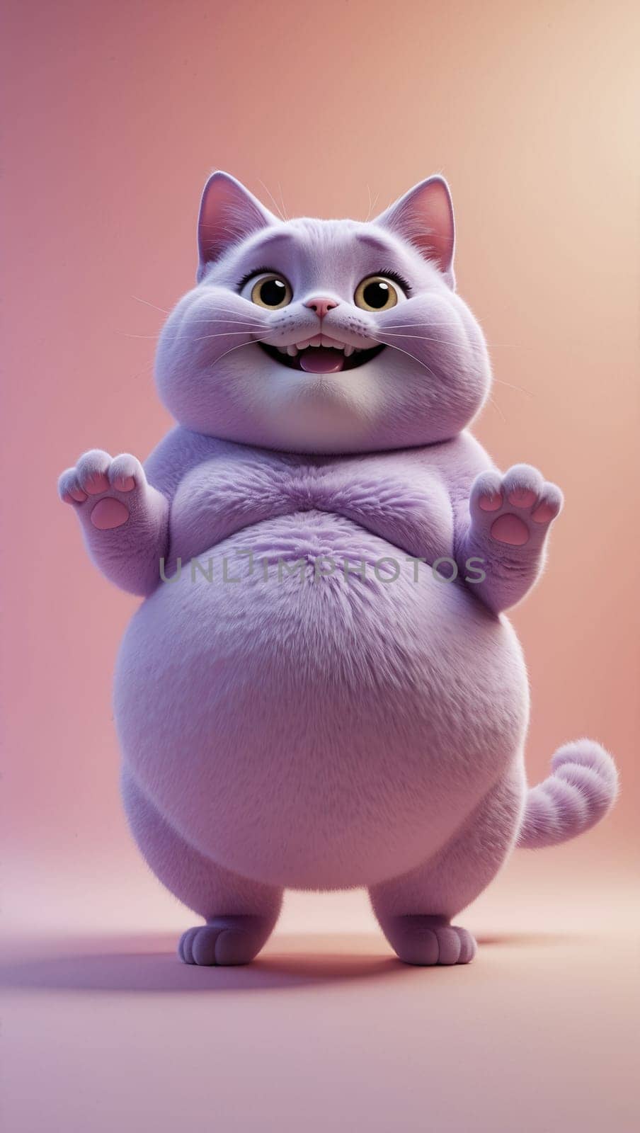 This is a cute and cuddly 3D rendering of a purple cat. The cat has big, round eyes and a fluffy coat. It is standing on a pink background and looking at the camera with a happy expression.