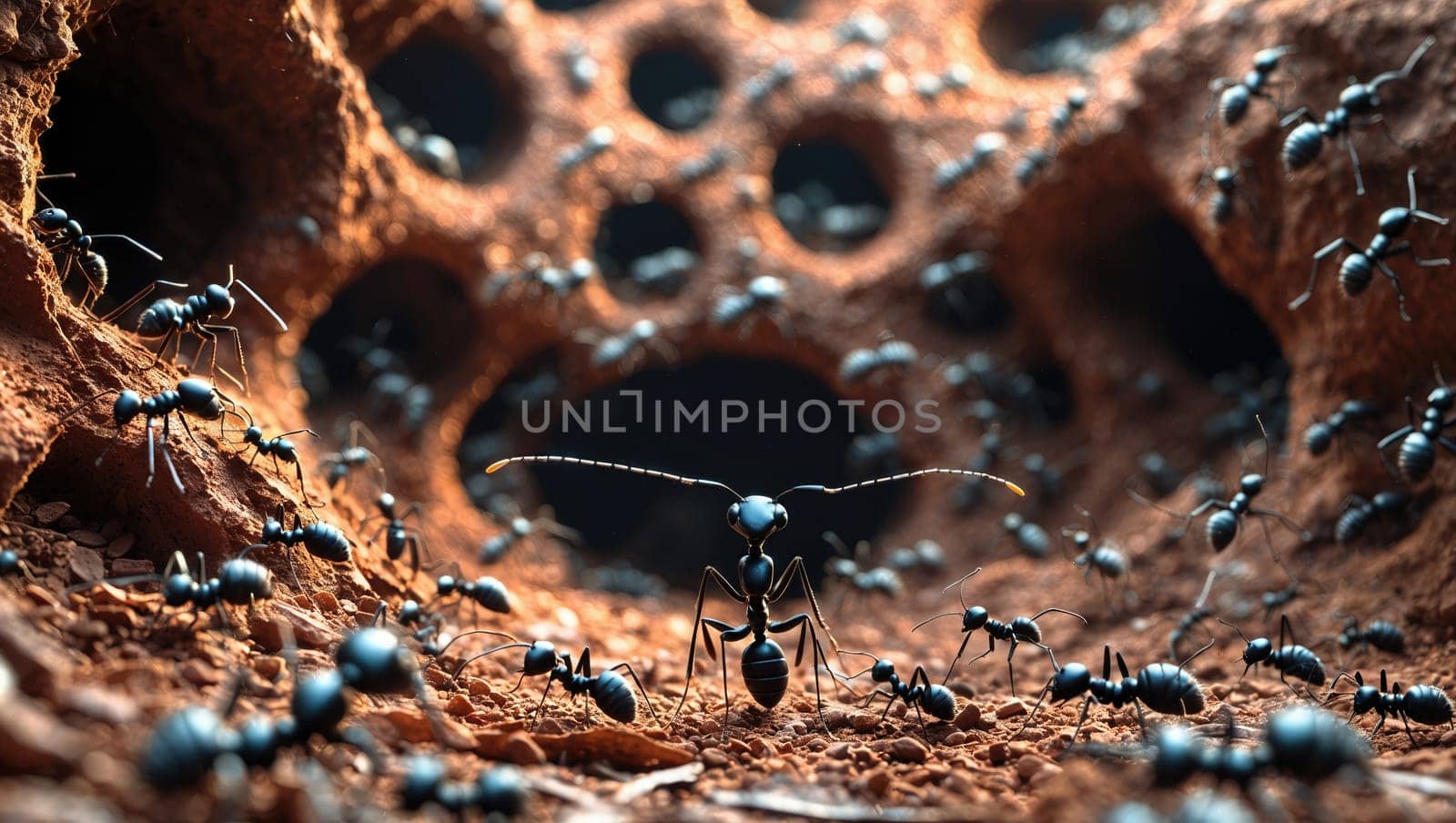 A black ant standing strong on its mound, showcasing its intricate features. The ant is isolated against a solid color background, with a beautifully blurred green backdrop enhancing its presence.