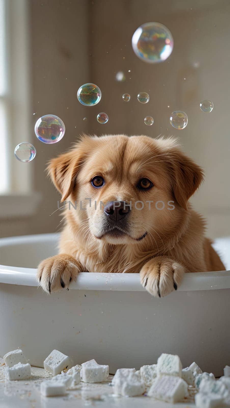 A cheerful golden retriever sits in a bathtub filled with bubbles, looking up joyfully. Its wet fur shines, and bubbles float around, creating a delightful and playful atmosphere.