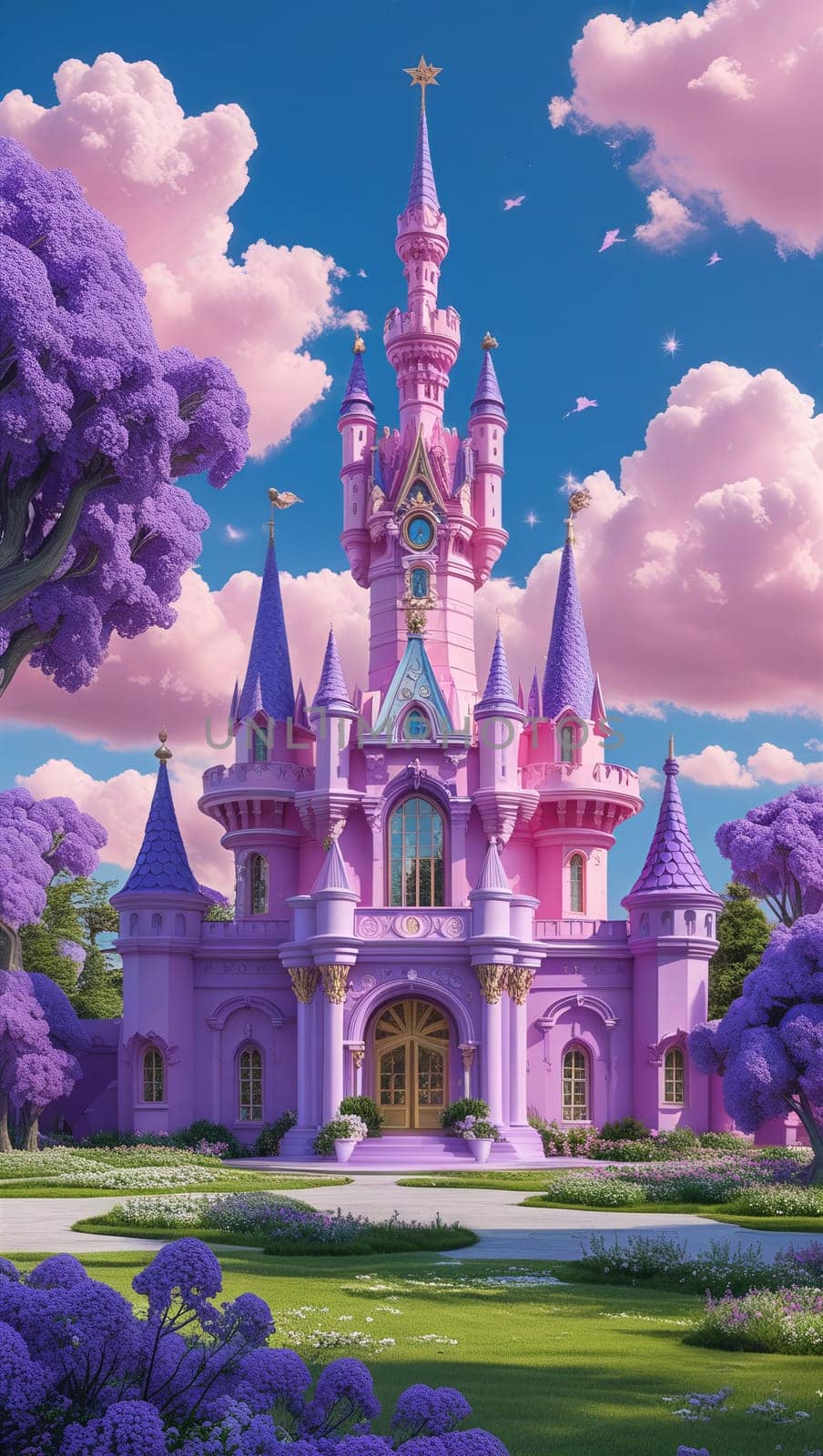A beautiful pink palace with turrets and towers stands in a lush green field. The sky is a clear blue with fluffy white clouds. The palace is surrounded by trees and flowers.