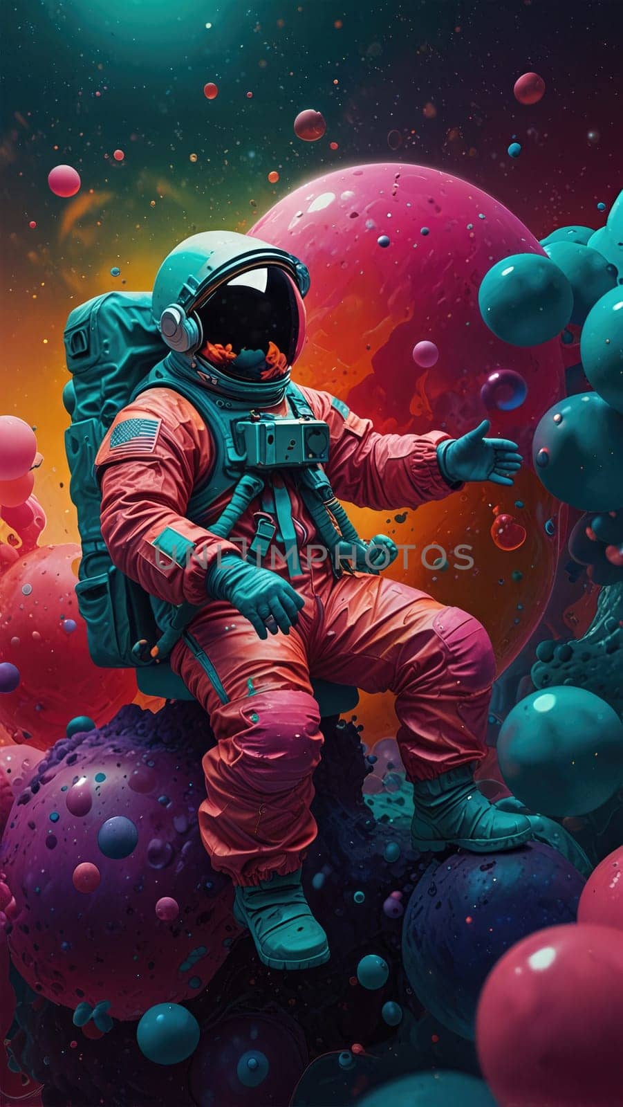 An astronaut in a bright pink spacesuit with a bubble helmet floats in colorful bubbles of blue, green, yellow, and pink, creating a whimsical scene perfect for space and science themes.