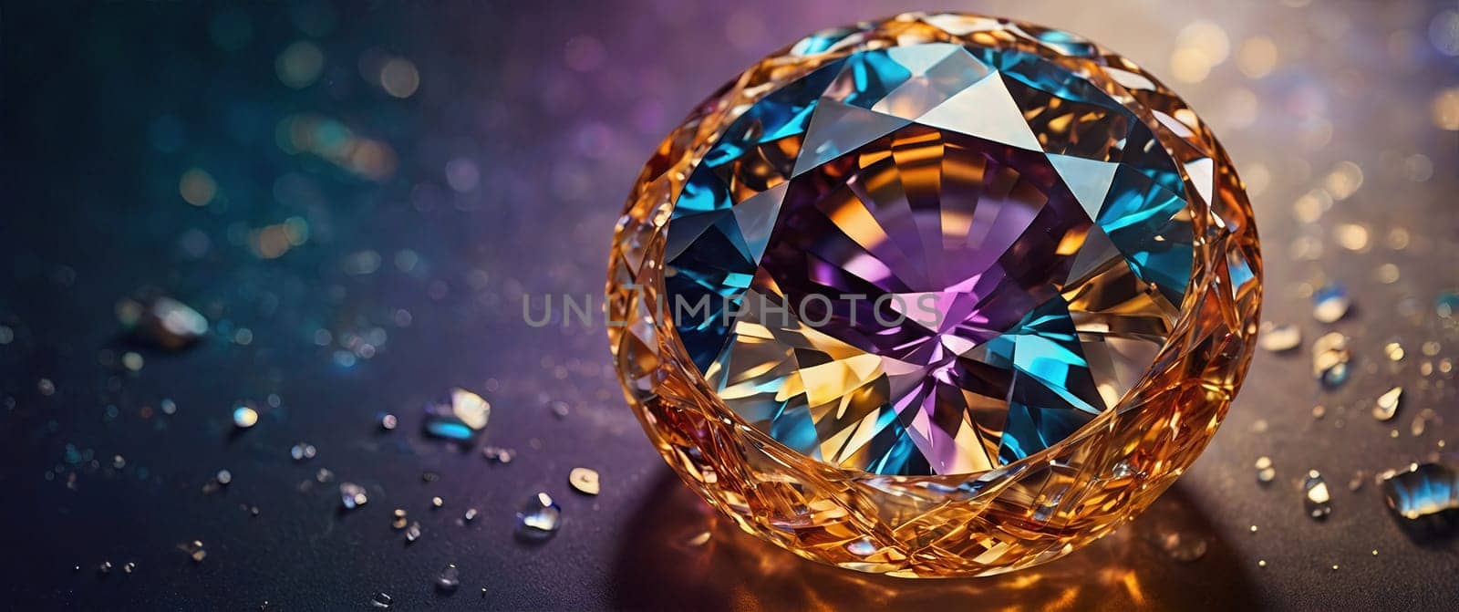 A round gemstone in a delicate gold cage pendant setting. The gemstone features a stunning blend of blue, purple, and pink colors, making it an elegant accessory for any outfit.