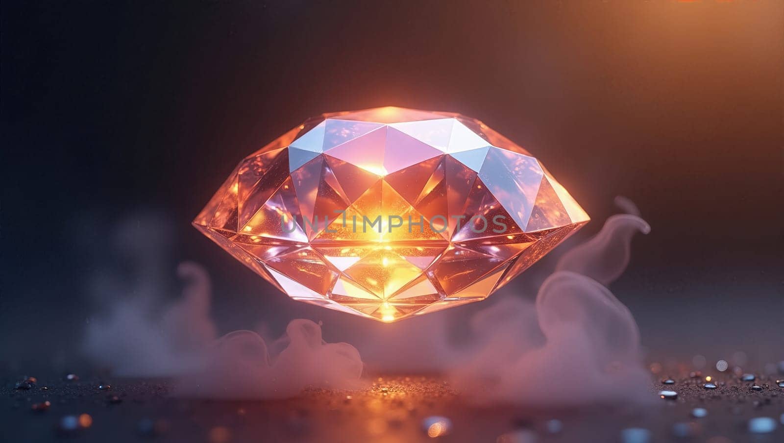 A captivating glowing diamond floats against a dark background. Its brilliant cut reflects light, creating a mesmerizing sparkle that enchants viewers. The soft illumination enhances its beauty.