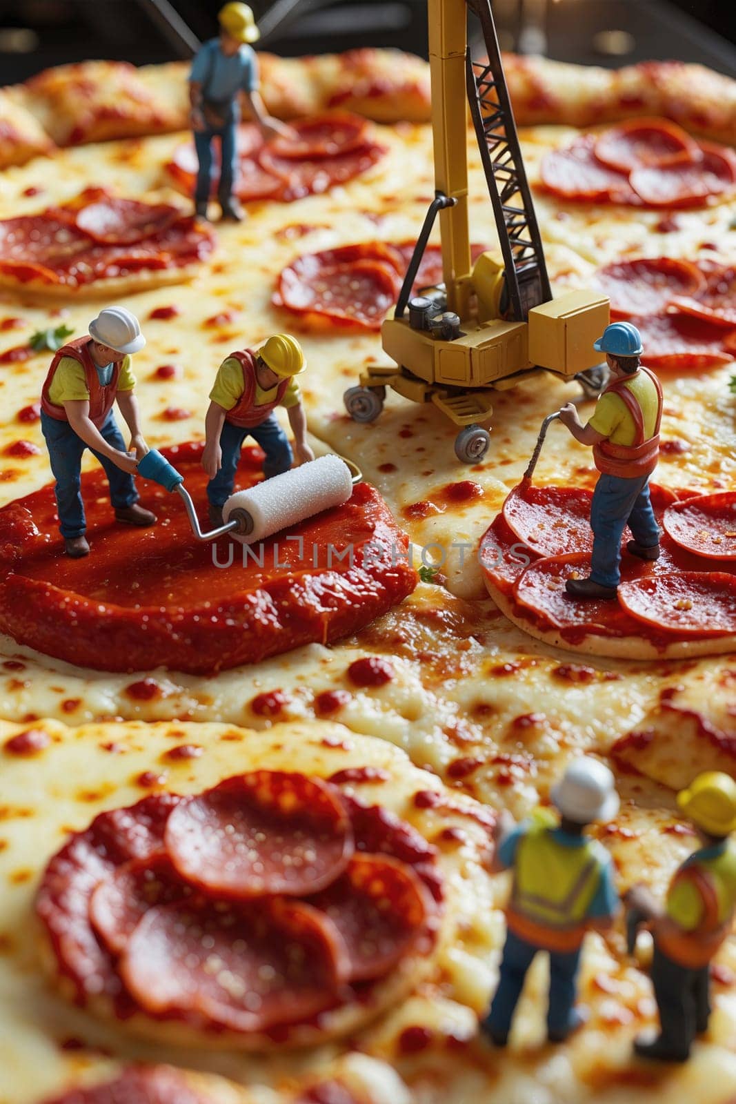 Small construction workers in hard hats work together to build a pizza. One worker operates a crane, while others lay the foundation, spread sauce, and place toppings.