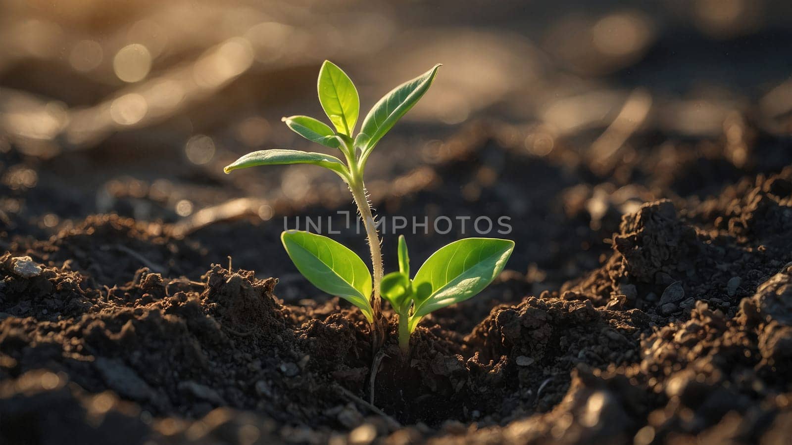 A small green sprout is growing out of the dark soil, illuminated by bright sunlight. This sprout represents new beginnings, as it starts to grow and thrive with the nurturing light of the sun.