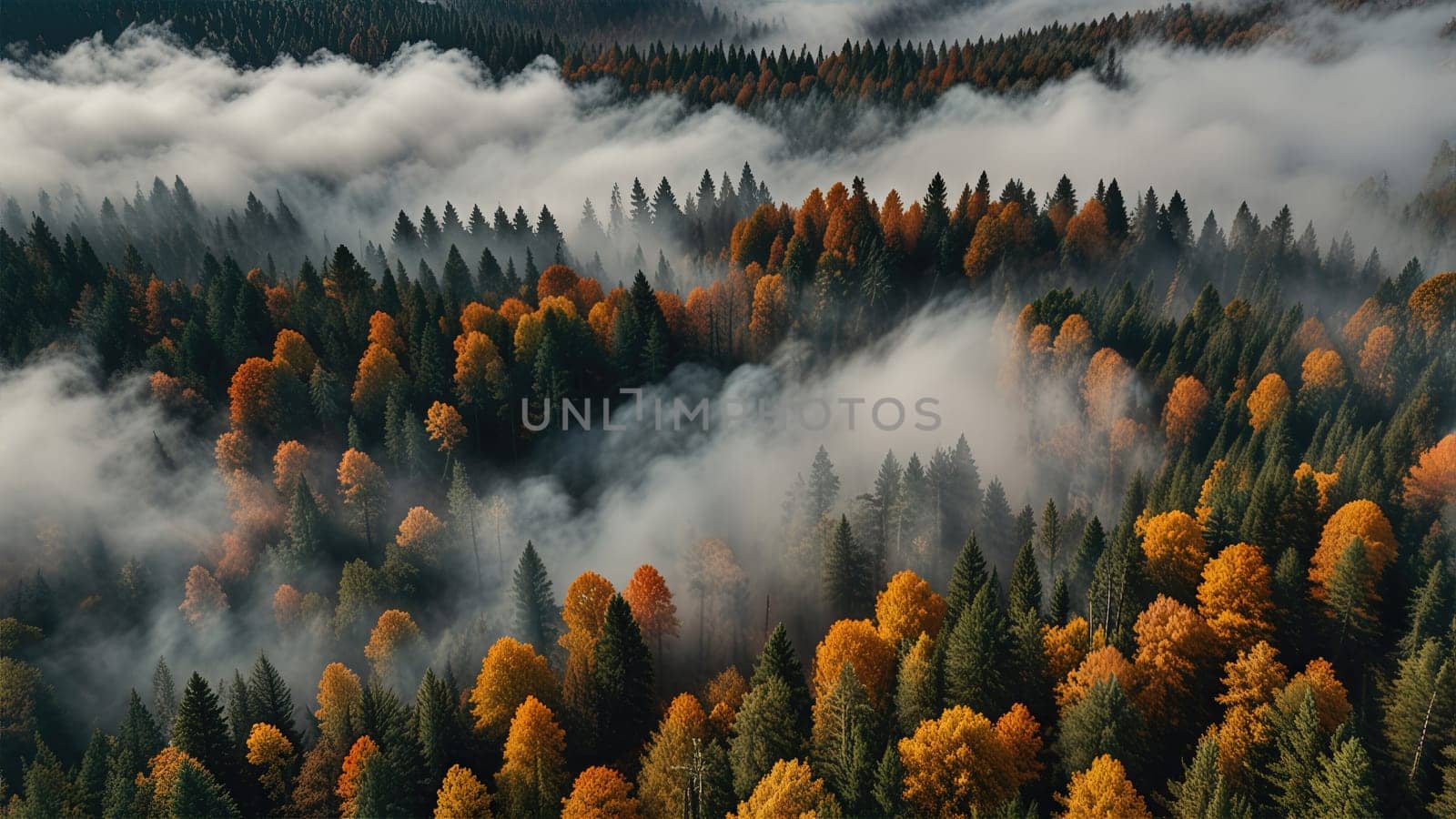 The image shows a colorful autumn forest with a dense fog from above. The trees are in various shades of yellow, orange, and red, and the fog gives the scene a mysterious and ethereal feel.