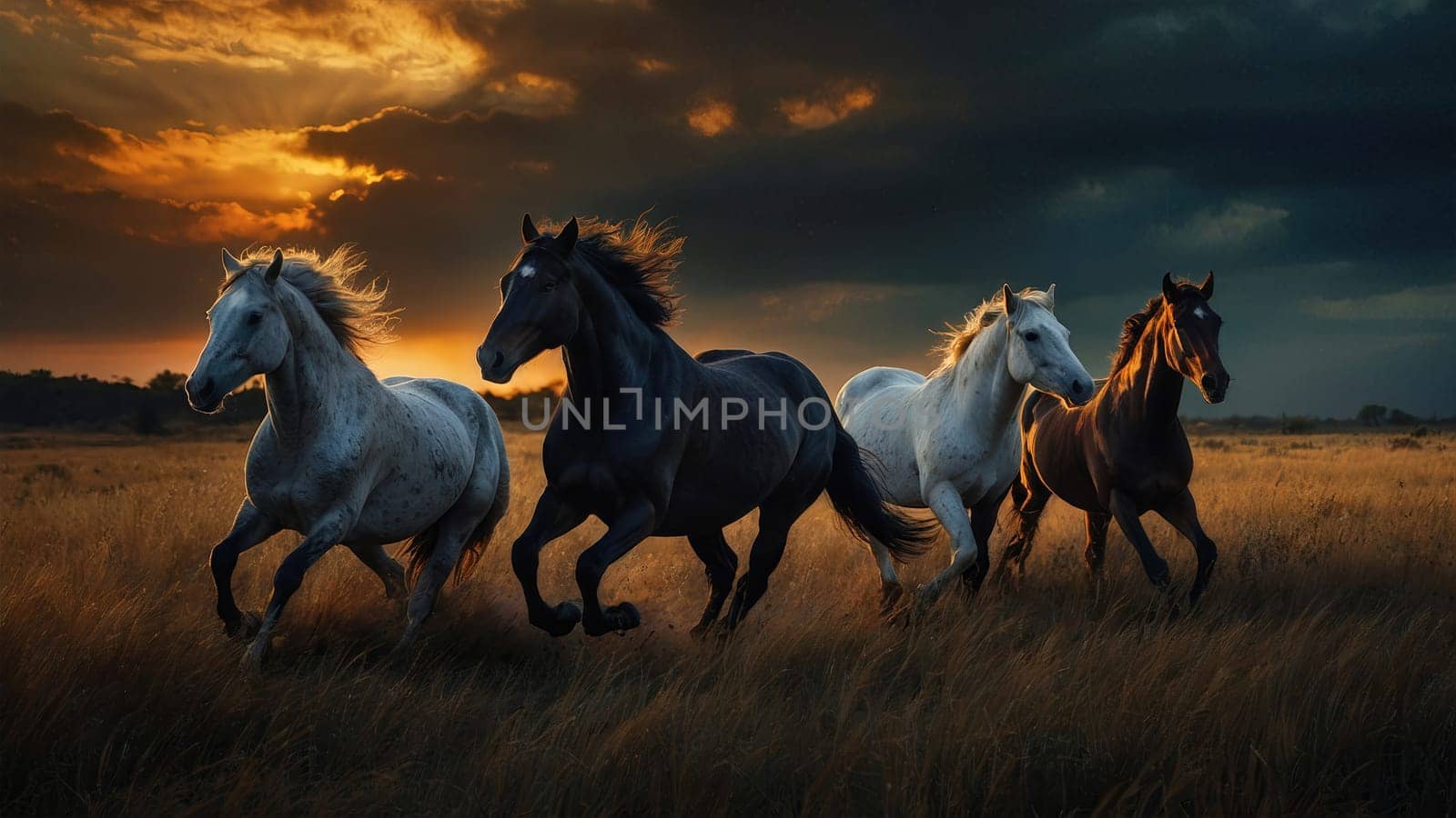 The image captures four black horses galloping gracefully in an open field at sunset, their manes flowing and the vibrant sky painted in shades of orange and pink, creating a stunning backdrop.