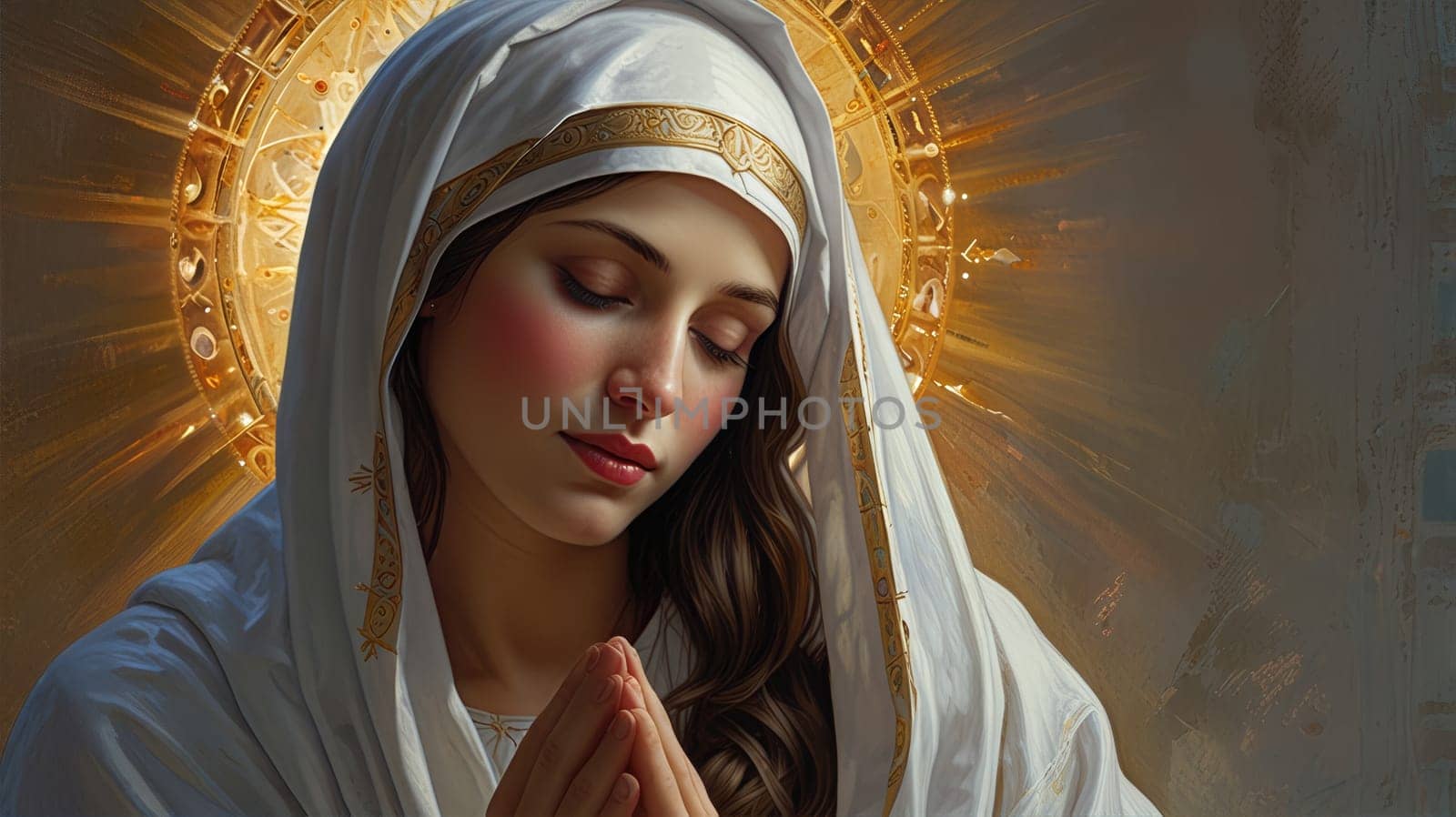 In this captivating portrait, a young woman exudes tranquility, adorned with a delicate white headscarf that frames her face. Her serene expression invites viewers to appreciate her inner peace.