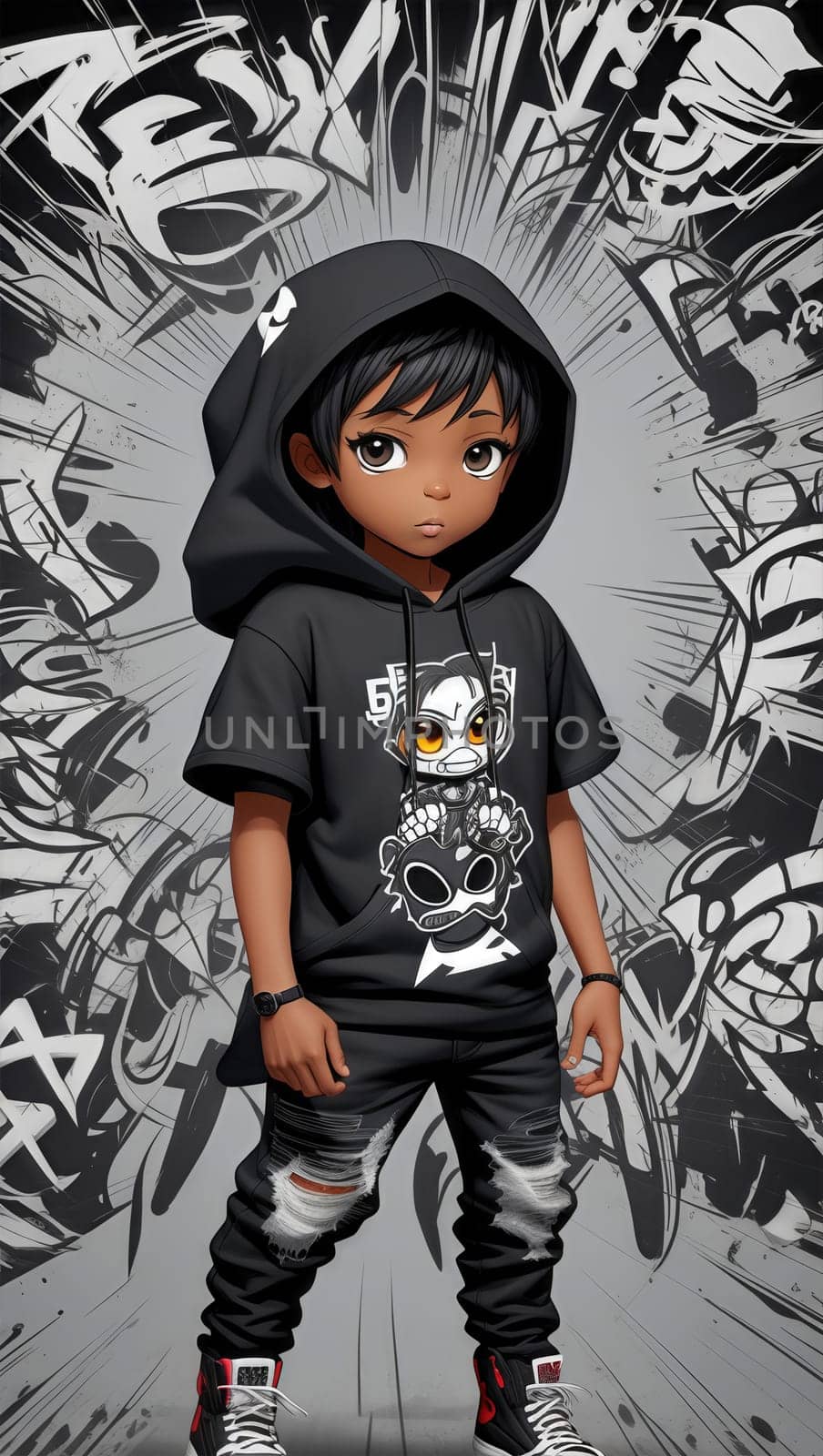 A young man in a black hoodie with a graffiti background. He is wearing a black hoodie, black pants, and orange shoes. He has his hood up and is looking at the camera with a confident expression.
