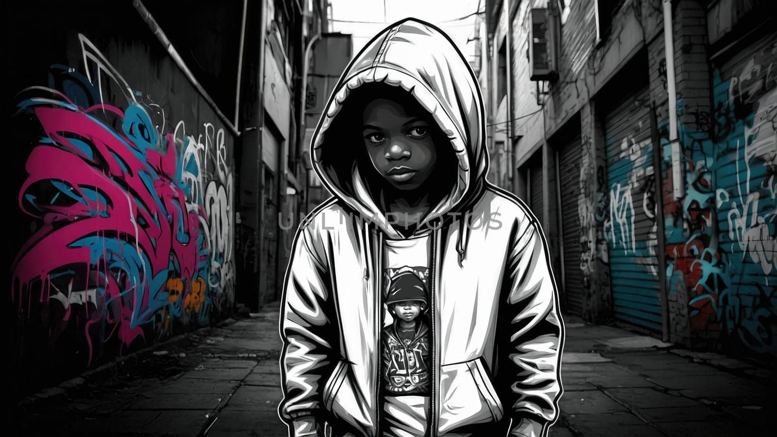 A young African American boy in a white urban streetwear hoodie stands against a gray background, displaying a serious expression while looking directly at the camera.