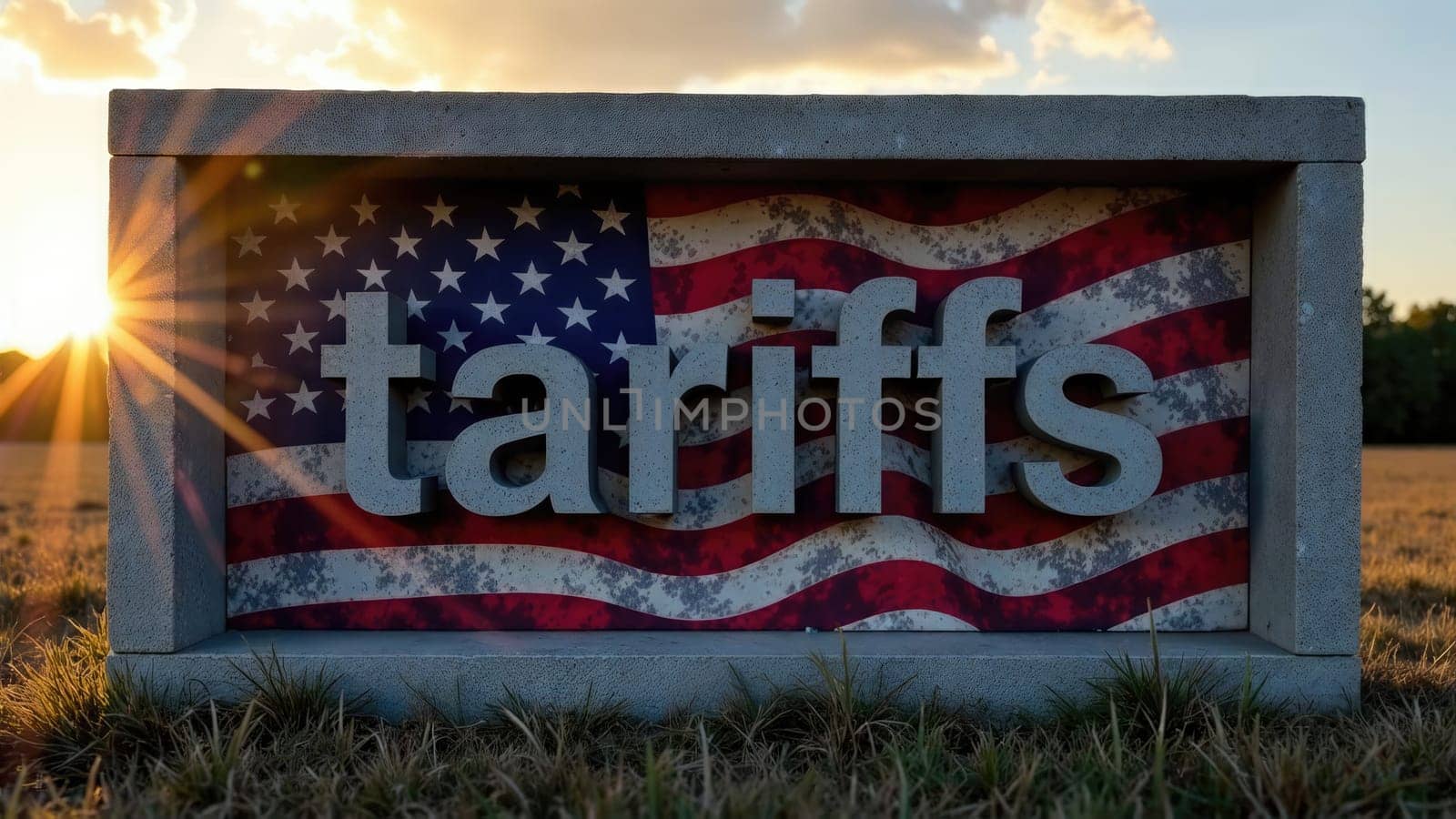 A wooden sign painted white with red and blue lettering shows the word tariffs against an American flag background during sunset, with a camera stand on the left side of the sign.