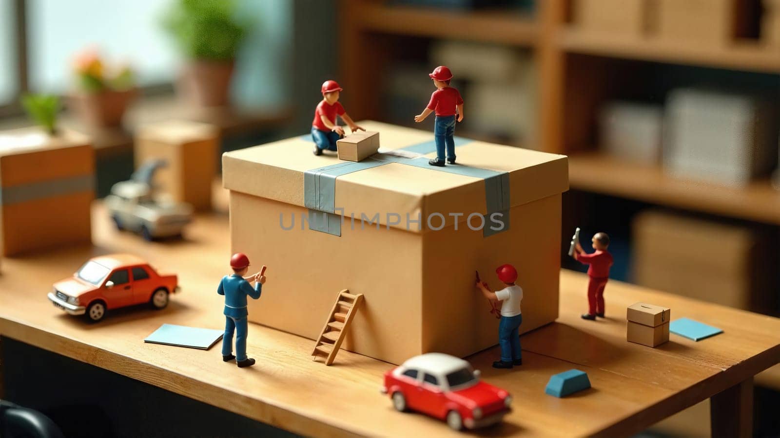 Tiny workers Collaborating to Efficiently Pack and Ship a Large Box Using Various Tools.
