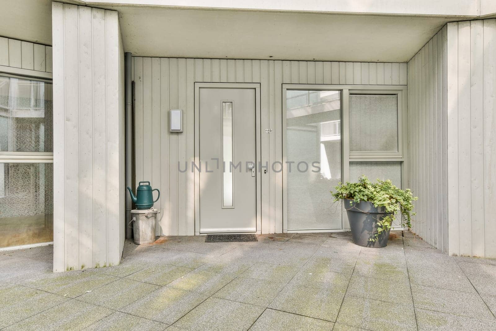 A sleek, modern entrance featuring a light gray door, large windows, and stylish plants in pots. The clean lines and simplicity create an inviting atmosphere.