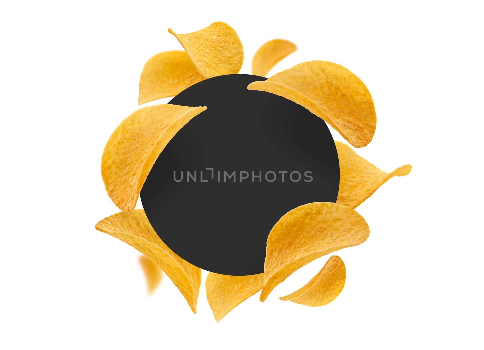 Potato chips on a white background with a black circle in the center. The template for packaging